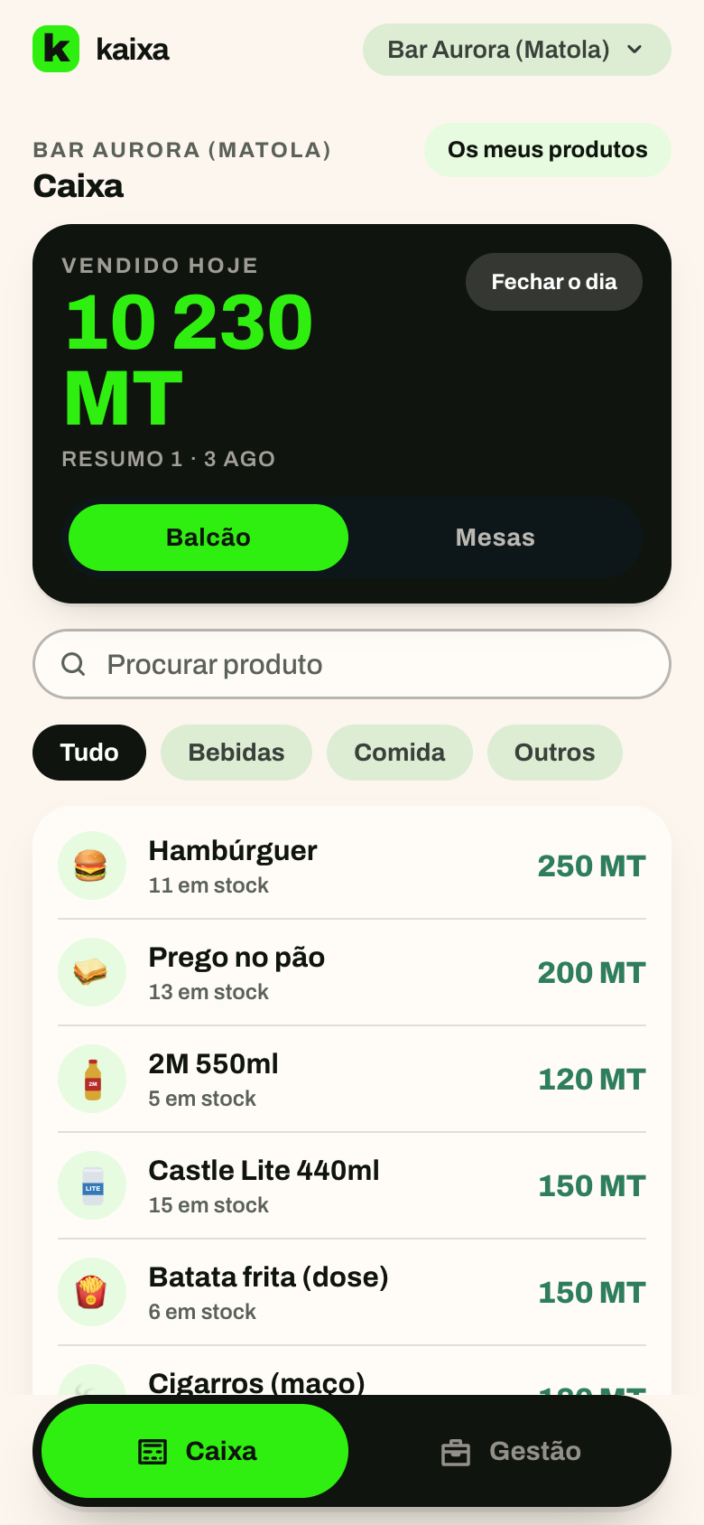 A caixa. Tocas no produto e ele entra na conta.